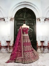 New Indian wine colour designer wedding net lehenga choli with zari work-Roohani