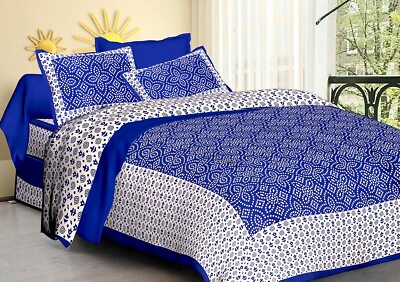 Cundari Style Queen Size Indian Rajasthani BedSheet Cover With 2 Pillow Case New