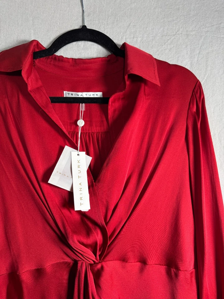 TRINA TURK новый блузка женщин Sz средний M длинным рукавом красный шелк оборки v-образным вырезом новый с Ярлыками - Изображение 2 из 4