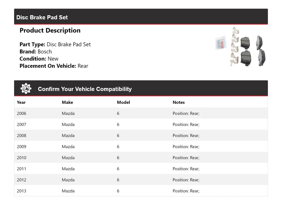 Pastillas de freno traseras de cerámica QuietCast Bosch 2006-2013 Mazda 6 2007 2008 2009 Foto 2 de 4