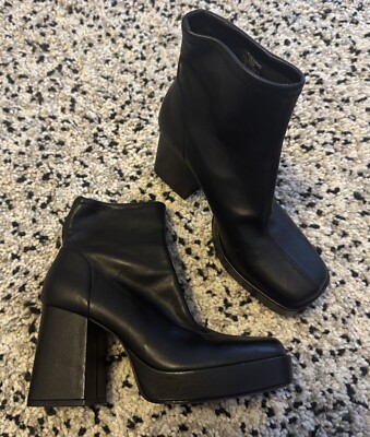 Zara UK 38 Black Faux Leather Square Toe Platform Chunky Sock