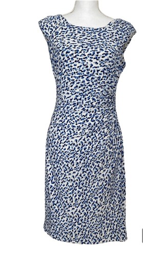 Ralph Lauren Ruched Blue White Jersey Work Social Sleeveless Stretchy Dress 10 - Picture 2 of 9