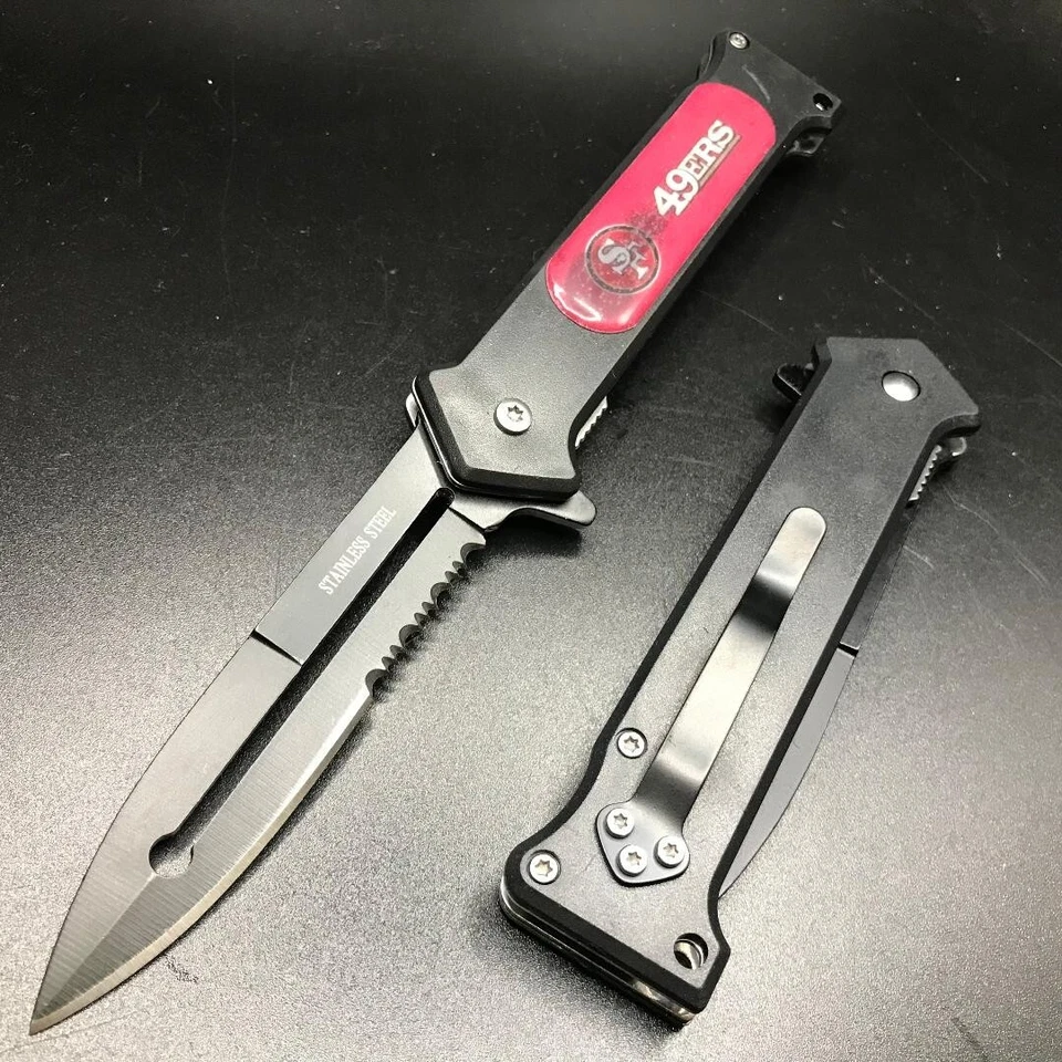 Faca de bolso dobrável 8" 49ERS estilo tático assistido por mola EDC preta - Imagem 2 de 3