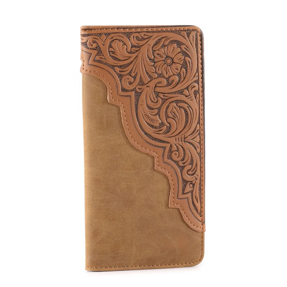 Embossed Floral Men's Bifold Long Wallet Faux Leather Cowboy Wallet Brown - Image 2 of 4