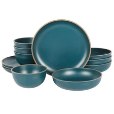 Gibson Home Rockabye 12-Piece Double Bowl Melamine Dinnerware Set - Matte Teal