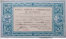 1932 * COMMERCIAL AGRICULTURAL BANK OF ALTAMURA * HISTORICAL AND UNIQUE AND RARE ACTION