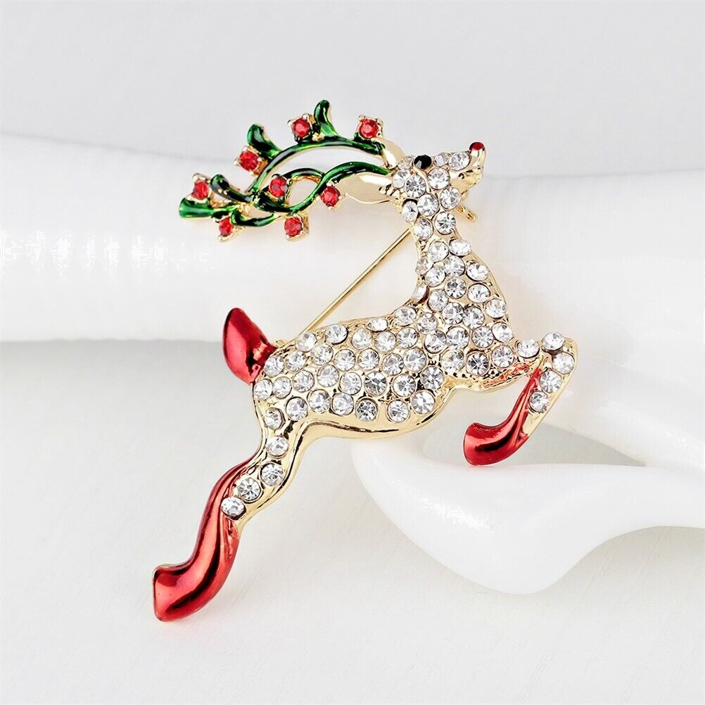 Reindeer Christmas Crystal Rhinestone & Enamel Brooch Pin with Gold Bag