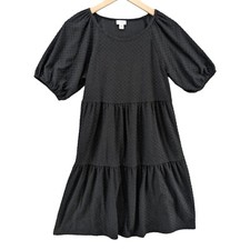 J.CREW Clip Dot Mini Dress Black Short Balloon Sleeve Tiered Pullover Size XS