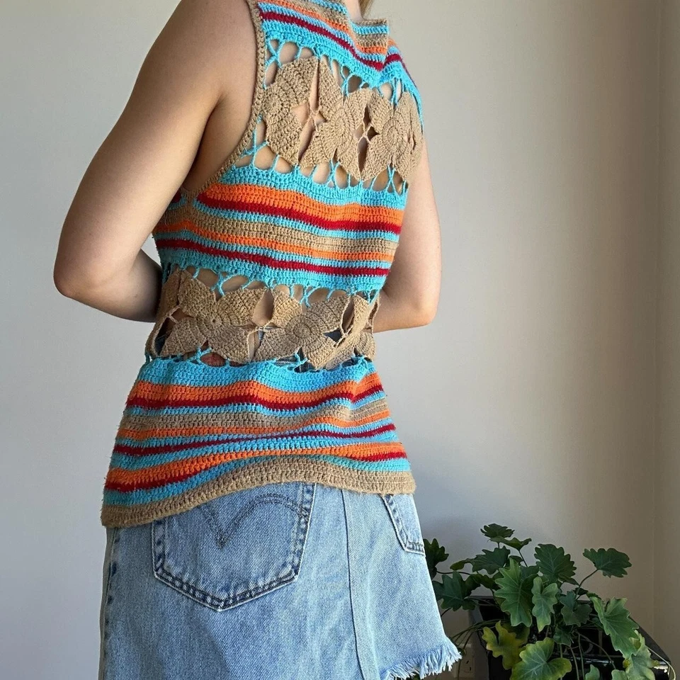 Billabong женщин 12 винтажный бежевый, оранжевый, красный и синий крючком в полоску Топ - Изображение 3 из 4