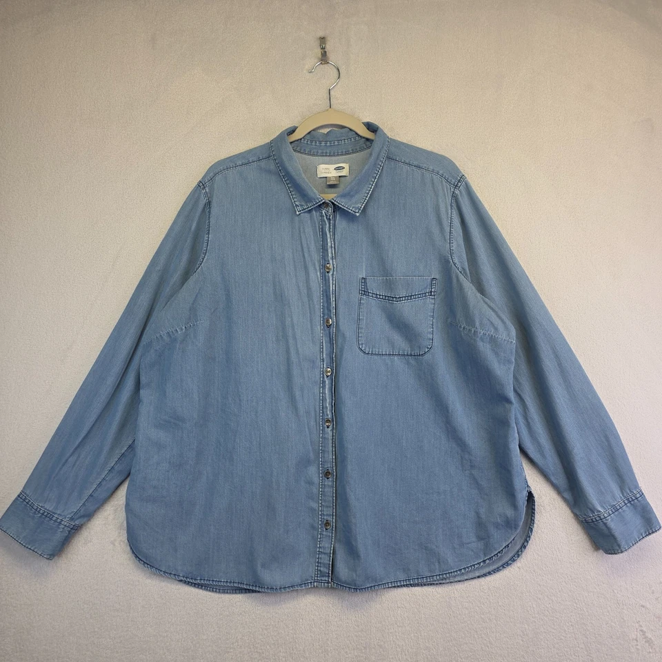 Old Navy Top Women Plus 2XL Blue Button Up Chambray Denim Distressed Y2K Grunge - Image 2 of 4