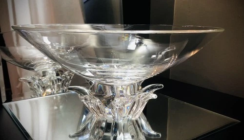 Steuben #8087 Crystal Centerpiece Bowl Applied Leaf/Tulip Print Foot 12.75” Art