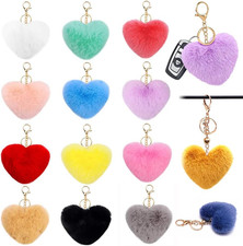 12 Pcs Colored Heart Pom Pom Keychain, 2.4inch Faux Fur Keyring Pom Pom Puff Bal