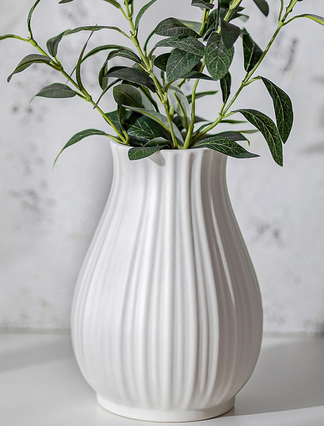 Nuptio Tulpenvase Weiß Keramik FüR Tischdeko: 16Cm Gerippte Blumenvase-image