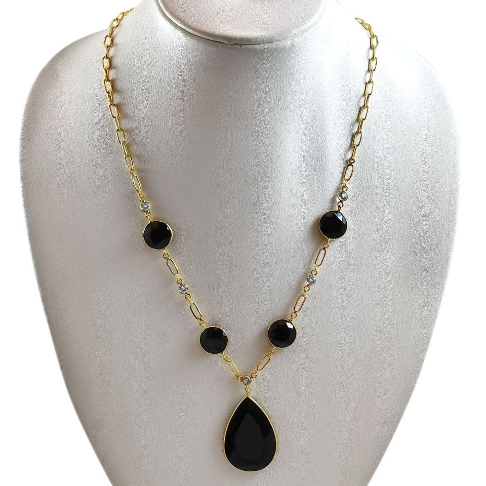 18K Gold Over Brass Black Onyx & Sky Blue Topaz Necklace Earrings Set TT01003 - Image 3 of 3