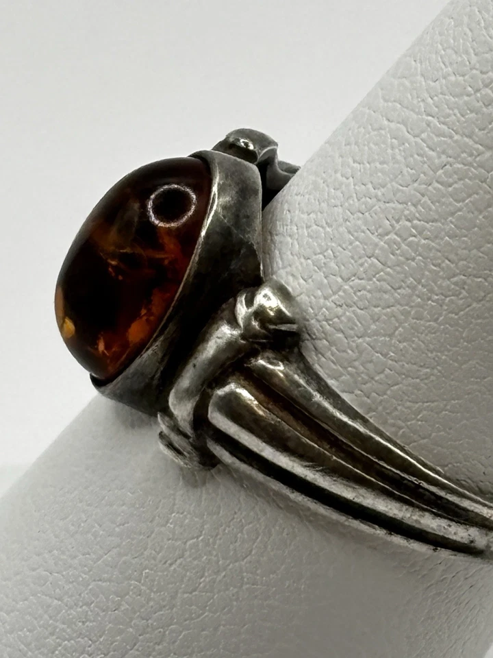 Anillo Vintage PLATA ESTERLINA 925 Talla 7.25 Ámbar Báltico Banda Joyería Sello Foto 2 de 4