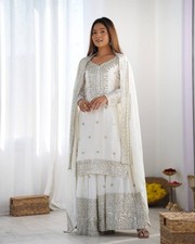 Couture Pure Chinon Silk White Heavy Sequence Sharara Set With Lace Dupatta