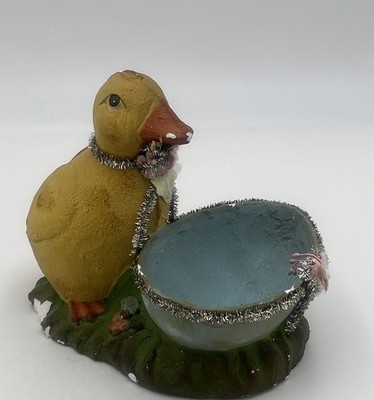 Vintage Easter/Spring Duck Egg Holder Painted Plaster Silver Tinsel Trim As Is 