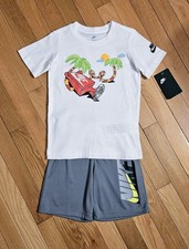 NEW Nike Little Boy Cotton Tee  Dri-fit Short Set, White/Gray sz 5 