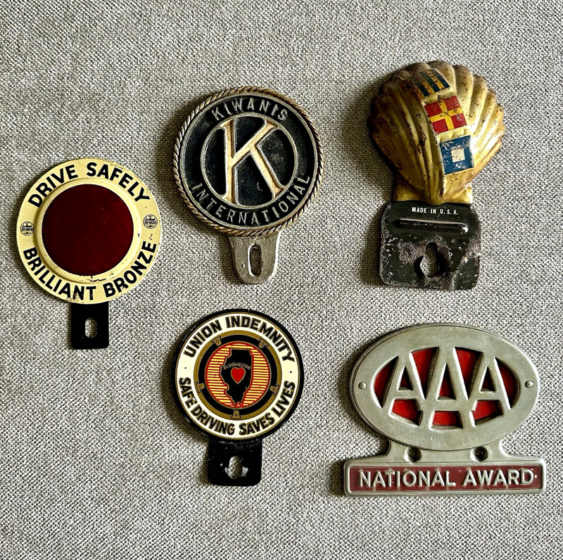Lot of 5 Vintage Vehicle Badges/Emblems AAA Kiwanis Drive Safely USA