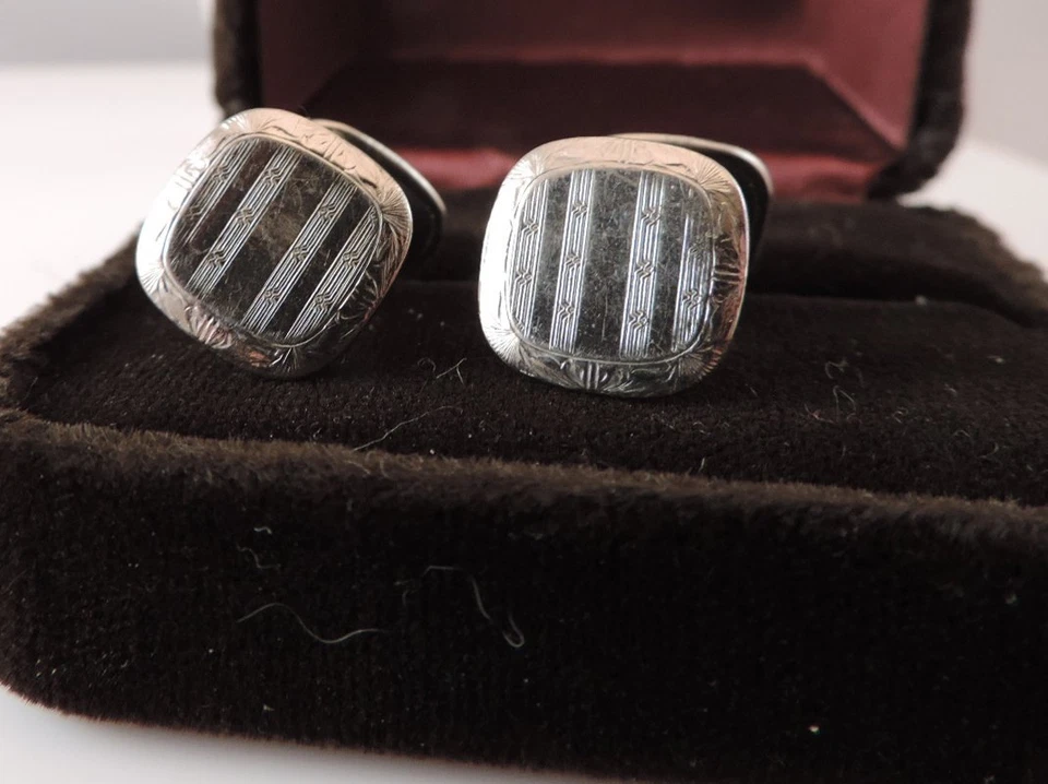 Vintage Silver Plated Men's Square Engraved Double sided Cufflink Fa 37 - Image 4 of 4