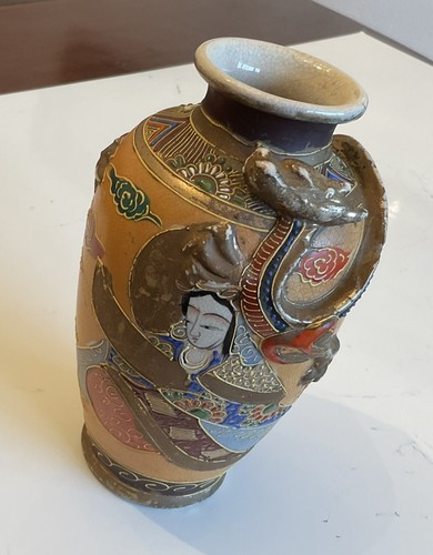 Vintage Japanese Satsuma Oriental style ceramic vase 20cm Tall orange brown red