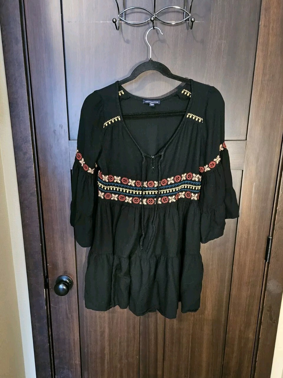 EUC Women's Embroidered Black Peasant Floral Boho Mini Tunic Dress Size Small