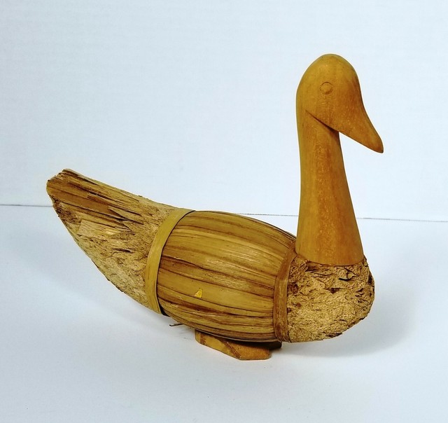 (2) Vintage Handmade Ducks Wood & Reed Hand Carved Primitive Folk Art
