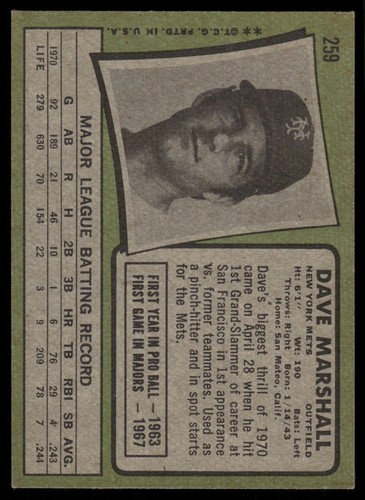 1971 Topps #259 Dave Marshall New York Mets - Picture 2 of 2
