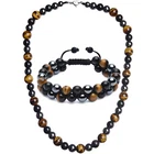Men Triple Protection Necklace Set Tiger Eye Hematite Obsidian Stone Bracelets