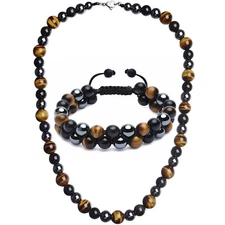 Men Triple Protection Necklace Set Tiger Eye Hematite Obsidian Stone Bracelets