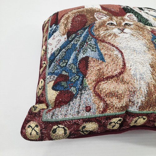 Christmas Tapestry Throw Pillow Cat Kitten Under Christmas Tree Holiday 14x14 - Picture 4 of 18