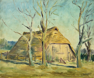 Ewald Becker-Carus 1902-1995 Hamburg / Gemälde 1941 ''Schafstall b. Breloh'' Heide