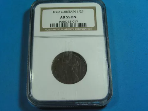 UK Great Britain 1/2 Penny (Half Penny) Bronze Coin 1862, NGC AU55 BN
