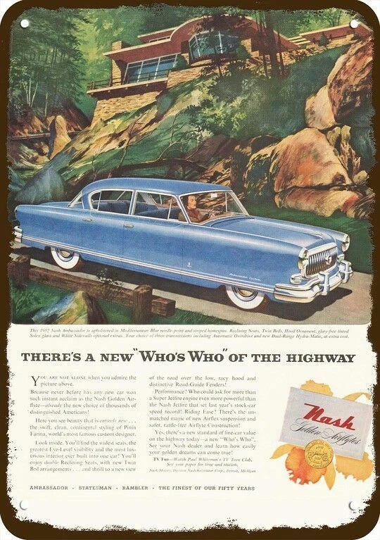 1952 NASH AMBASSADOR Custom 4Door Car Vintage-Look DECORATIVE REPLICA METAL SIGN - Image 1 of 1