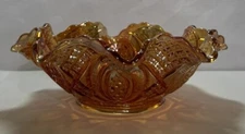 VTG Imperial Iridescent Marigold Carnival Glass Bowl Diamond Ring  8 Ruffle