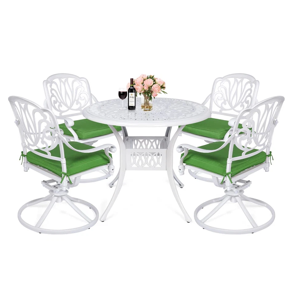 Juego de comedor de patio exterior muebles de aluminio fundido con 4 sillas giratorias 1 mesa redonda Foto 2 de 2