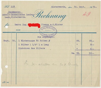91/607 RECHNUNG OTTO SCHMALZ ELSTERWERDA NACH PLESSA ELSTER 30.09.1931 PUMPEN