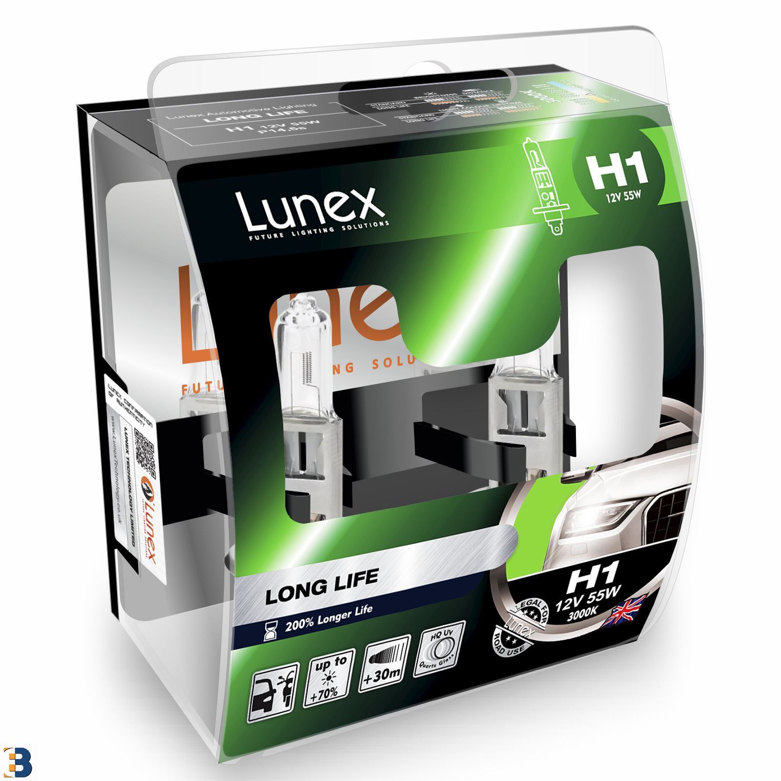 Lunex H1 Halogen Long Life Headlight Car Bulbs 200% Longer Life 3000K Twin