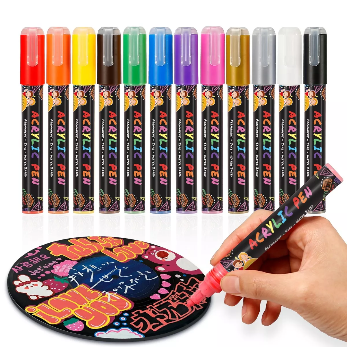 Crafts 4 All Acrylic Paint Markers Set - 12, Fine-Tip Acrylic Paint Pens for Rock Painting, Glass, Wood, Canvas and Fabric - Non-Toxic, Permanent