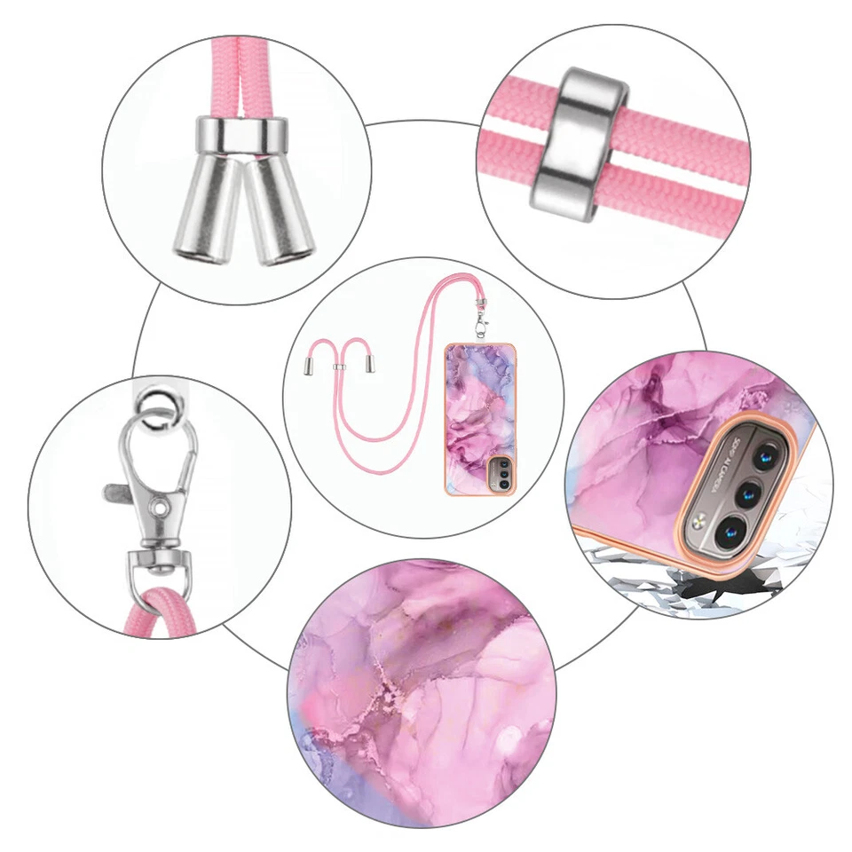 For Motorola E32 E20 E22 Colorful Marble+Lanyard Silicone Back Case Phone Cover - Image 4 of 4