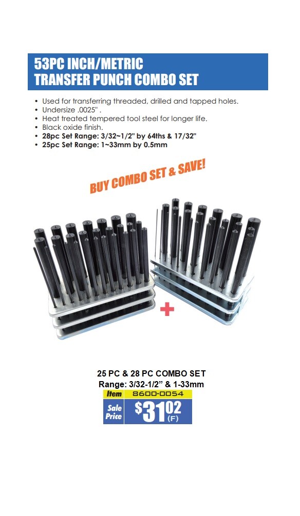 HHIP Transfer Punch Sets - 28pc SAE (3/32"-1/2") & 25pc Metric (1-13mm), Black Oxide, With Stands