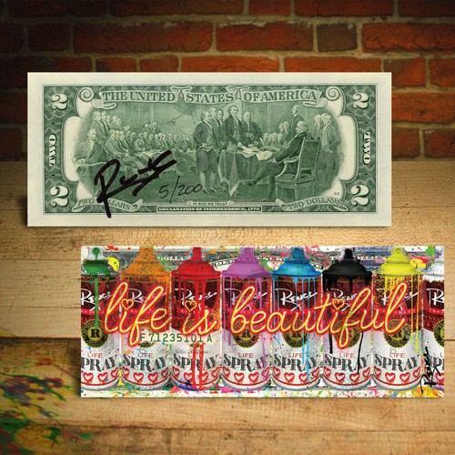 Life is Beautiful - LIFE SPRAY CANS Signed by RENCY Genuine $2 Bill S/N # of 200 - Picture 2 of 3