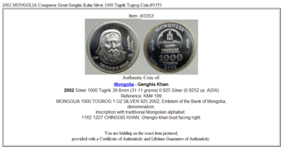 2002 MONGOLIA Conqueror Great Genghis Kahn Silver 1000 Tugrik