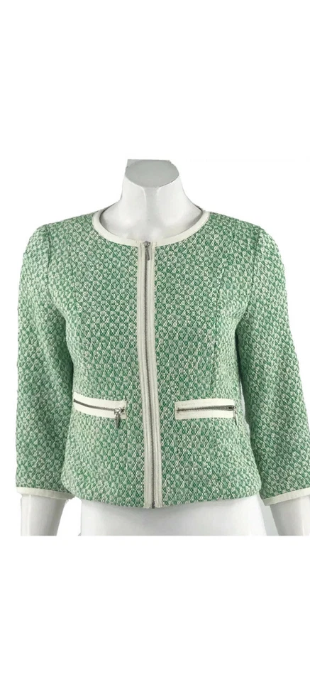 Chaqueta de tweed de trébol Cabi nueva sin etiquetas talla 6 verde crema cremallera blazer de carrera estilo # 726 Foto 2 de 4