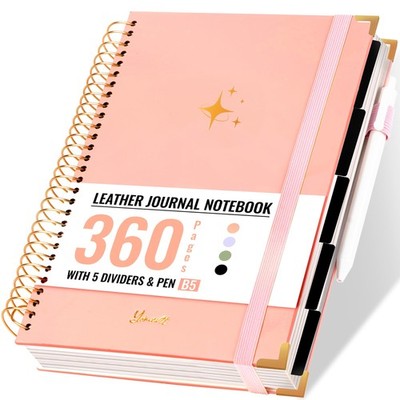 Thick 360 Pages Spiral Notebook Journal for Women with Pen, B5 Leather 5 Subj...