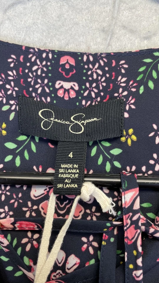 Vestido Jessica Simpson Para Mujer 4 Azul Marino Floral Boho Volantes Manga Corbata Cintura JS7A9420 Foto 4 de 4