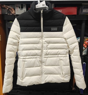 GUESS Monochrome Hooded Puffer Jacket Size L Cream/Black -13
