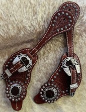 Mens Tooled Top Grain Leather Western PAIR Spur Straps Barbed Wire Hardware