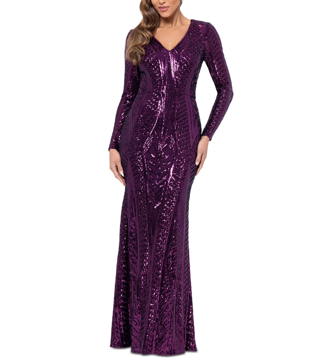 XSCAPE Long-Sleeve Sequined V-Neck Gown MSRP $289 | eBay XSCAPE Long-Sleeve Sequined V-Neck Gown MSRP $289 | eBay
