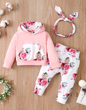 Conjunto de ropa floral para bebé recién nacido con capucha estampado Top + pantalón + diadema 3 piezas otoño